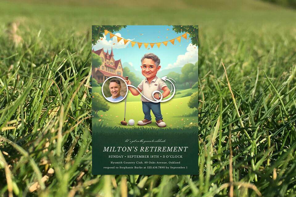 final-putt-gold-retirement-party-invite-mgaic-photo-ai (1) Cartoon-style retirement invitation featuring a smiling older man holding a golf club on a sunny golf course, with a large mansion in the background and a small circular photo of the real man beside him.