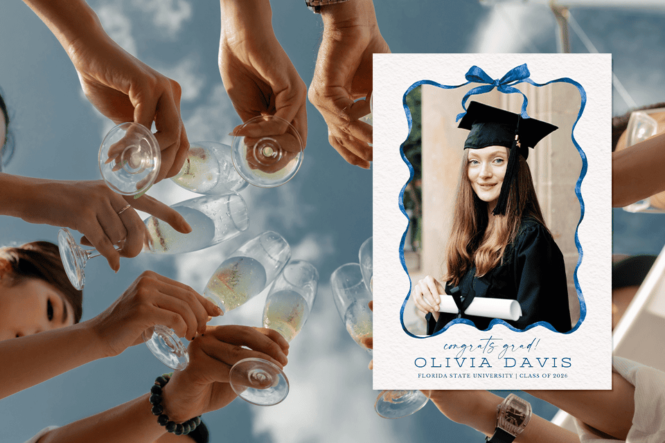 graduation-announcement-card (1) Graduation announcement card featuring a graduate in cap and gown, with celebratory typography and academic motifs, presented against a softly blurred background that emphasizes the milestone achievement.