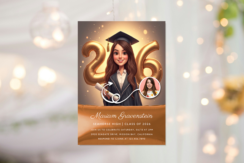 graduation-invite-magic-photo-ai-graduation-cap Graduation invitation featuring a smiling graduate in a cap and gown holding a diploma, with gold “26” balloon numbers behind her, warm glowing lights, and a small inset photo showing the real graduate used for personalization.