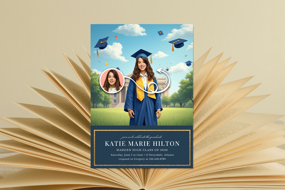 grasuation-invite-magic-photo-ai-person (1) Graduation invitation featuring a graduate standing on a green campus lawn in a blue cap and gown with a gold stole, graduation caps flying in the sky, a stately school building in the background, and a small inset photo showing the real graduate used for personalized Magic Photo artwork.