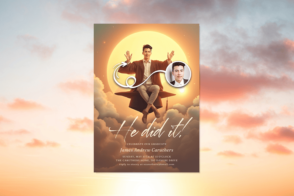 he-did-it-graduation-invite-magic-photo-ai (1) Graduation celebration invitation featuring a young man in a cap and gown floating above clouds with hands raised in triumph, a glowing sun behind him, and a small inset photo showing his real portrait.