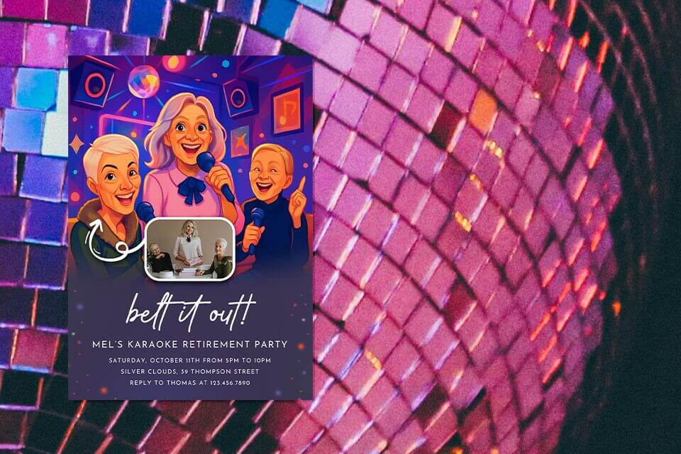 karaoke-retirment-farewell-party-invite (1) Colorful illustrated retirement invitation showing three cheerful older adults singing karaoke with microphones, surrounded by bright neon lights and a small circular photo of the honoree.