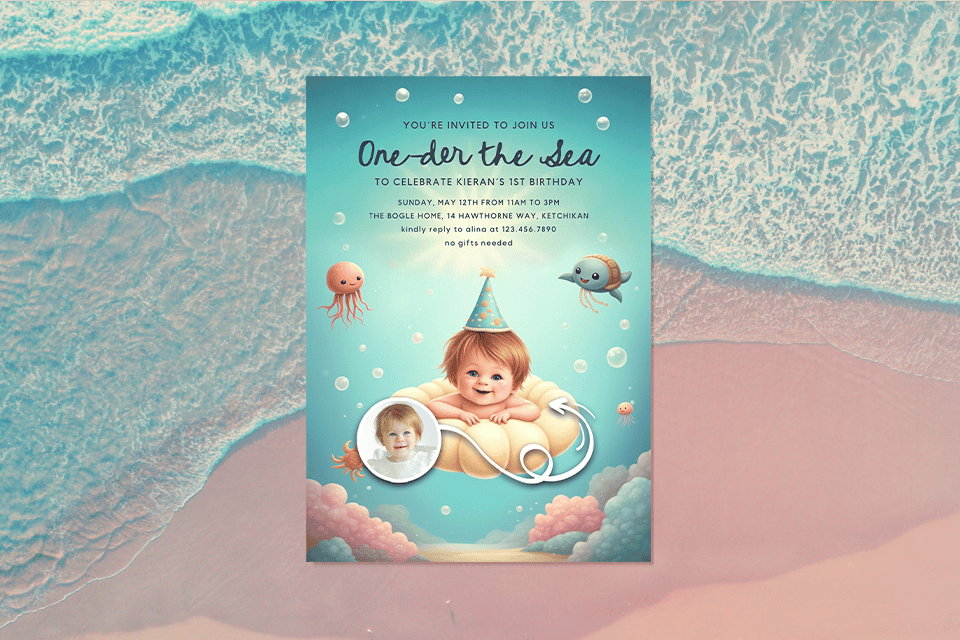 one-der-the-sea-1st-birthday-invite-magic-photo-ai (1) One-der the Sea” first birthday invitation featuring a smiling baby wearing a party hat floating on a cloud in an underwater scene, with pastel ocean colors, bubbles, cute sea creatures, and a circular inset photo, set against a soft aerial beach and waves background.