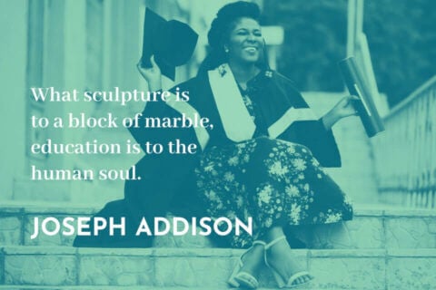 A cover image for the blog post '50+ Graduation Quotes', prominently featuring a quote by Joseph Addison alongside a photograph of a young graduate. This image sets the theme of the blog post, combining a notable quote with a visual representation of a graduate