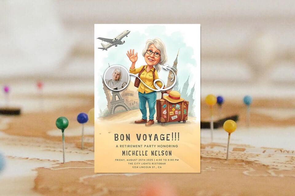 retired-traveling-magic-ai-retirement-invite Cartoon-style retirement invitation featuring an older woman waving with a suitcase, illustrated landmarks like the Eiffel Tower behind her, and a small circular photo of her on the left.