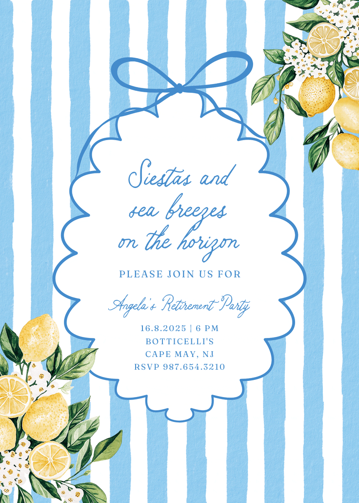 Blue and white striped retirement party invitation with lemon illustrations, a decorative bow at the top, and elegant text inviting guests to Angela’s retirement party at Botticelli’s in Cape May.
