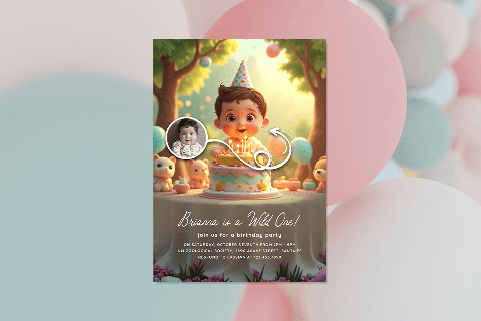 wild-one-cake-1st-birthday-invite-magic-photo-ai Whimsical “Wild One” first birthday invitation featuring a smiling toddler in a party hat behind a candle-topped cake, surrounded by cute woodland animals and pastel balloons, with a small circular photo inset showing the child’s real portrait.