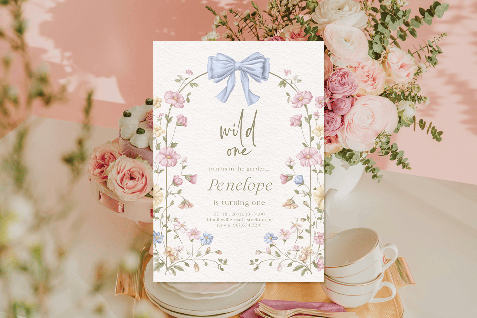 wild-one-floral-1st-birthday-invite (1) Floral “Wild One” first birthday invitation with a soft watercolor garden design, delicate pastel flowers framing the text, and a blue ribbon bow at the top, styled on a blush-toned table with roses, teacups, and elegant party décor in the background.