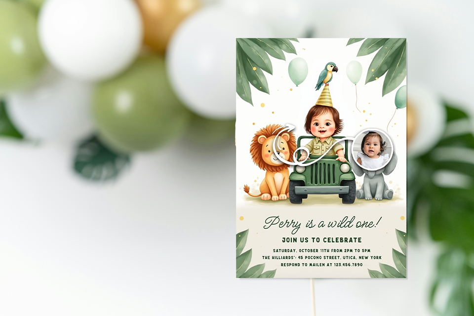 wild-one-jungle-1st-birthday-magiv-photo-ai Wild One jungle-themed first birthday invitation featuring a smiling baby wearing a party hat seated in a green jeep, surrounded by a cute lion, parrot, and jungle leaves, with soft green balloons and a circular inset photo, set against a blurred party decor background.