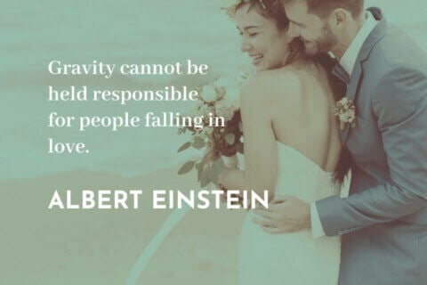 Wedding Quotes: Albert Einstein's Wisdom Frames a Radiant Bride and Groom - A charming scene with the bride in a white gown holding a beautiful bouquet, embraced by the groom in a stylish grey suit. Perfect for invitations, cards, and toasts!