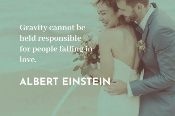 Wedding Quotes: Albert Einstein's Wisdom Frames a Radiant Bride and Groom - A charming scene with the bride in a white gown holding a beautiful bouquet, embraced by the groom in a stylish grey suit. Perfect for invitations, cards, and toasts!
