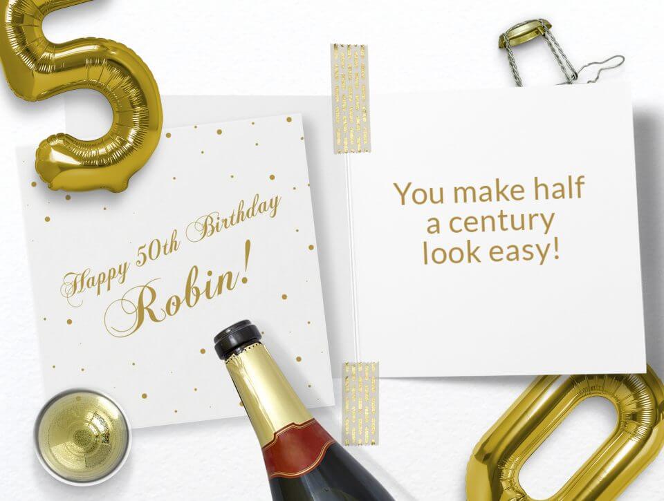 Golden Jubilee Celebration: 'Happy 50th Birthday Robin' in Gleaming Gold Text, Adorned with Dazzling Gold Dots on a Crisp White Background. Card Accompanied by a Champagne Bottle and Stylish Gold Balloons in the Shape of '50'.