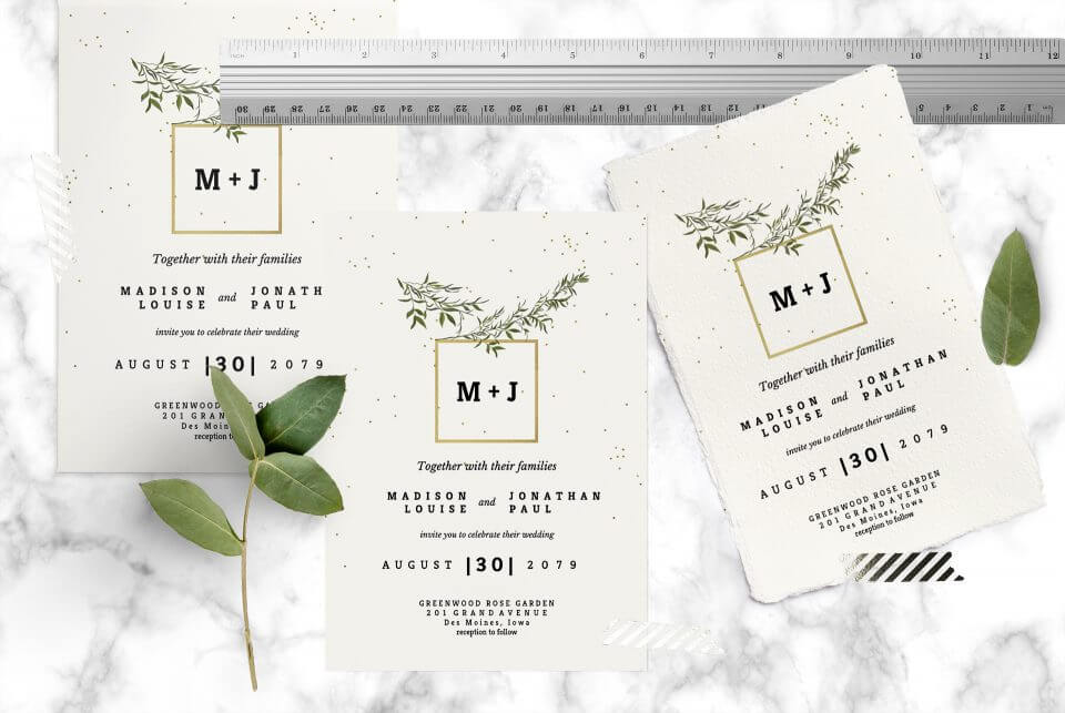 Perfect Wedding Invitations Design: Optimal Sizes Explored. Three Invitations, Shared Design, with Ruler on Marble Surface.