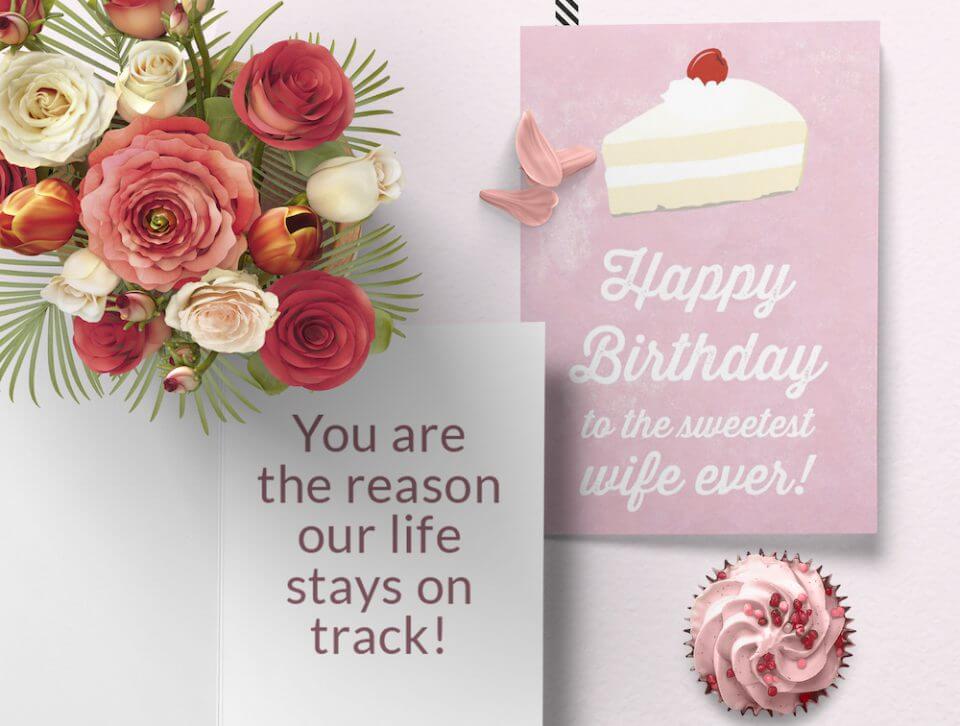 Special Birthday Greetings for a Sweet Wife: 'Happy Birthday to the Sweetest Wife Ever' in White, Set Against a Light Pink Background with a Tempting Slice of Cake Illustration. Displayed alongside an Open Card and a Beautiful Bouquet of Flowers, Adding Fragrance to Your Special Day!