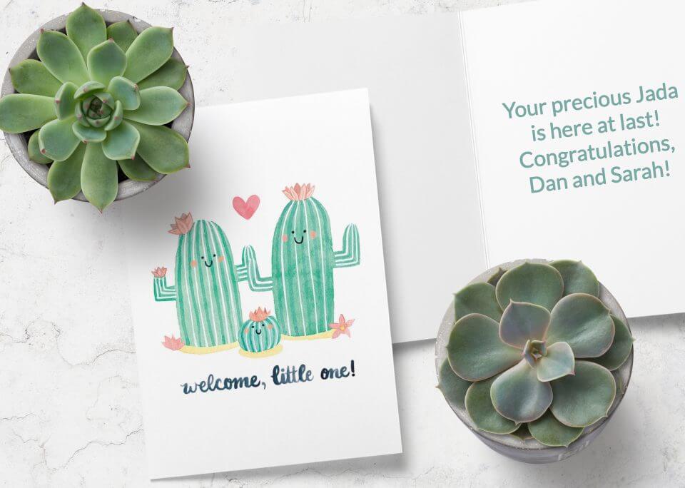 Sweet 'Welcome Little One' Baby Shower Card featuring three smiling cactuses, symbolizing a loving family.