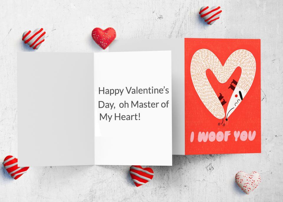 Heart-Shaped Dog Love Card: 'Valentines, I Woof You' with Adorable Dog Illustration