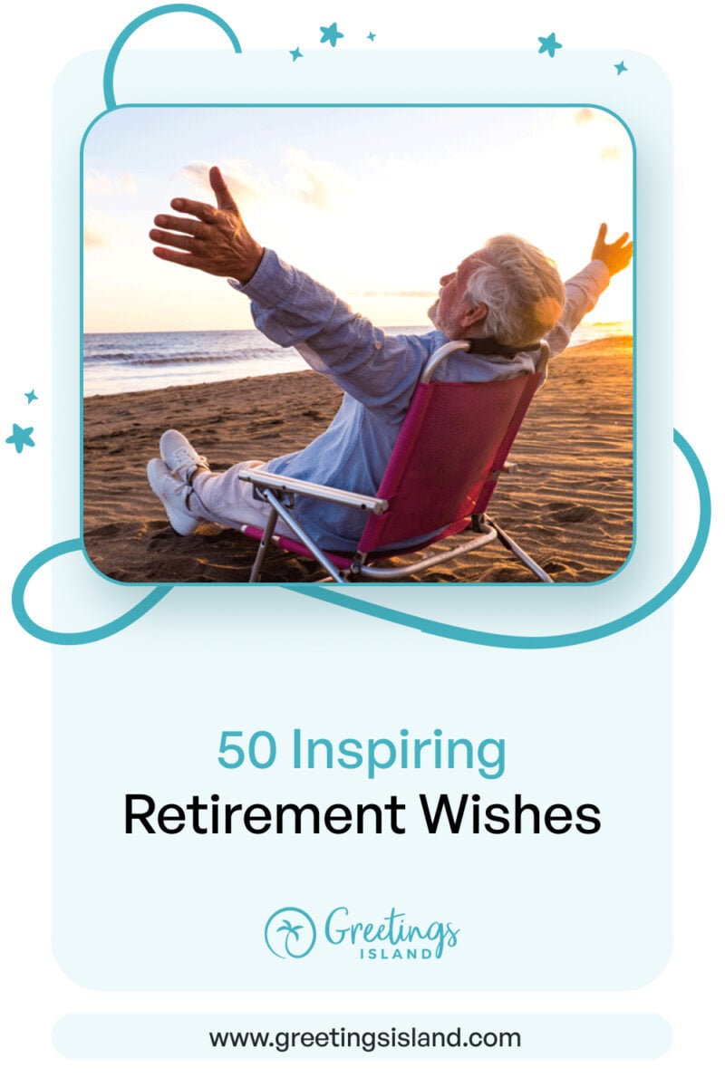 50 Inspiring Retirement Wishes Senior man relaxing on beach chair at sunset with text “50 Inspiring Retirement Wishes” on blue Pinterest-style graphic.