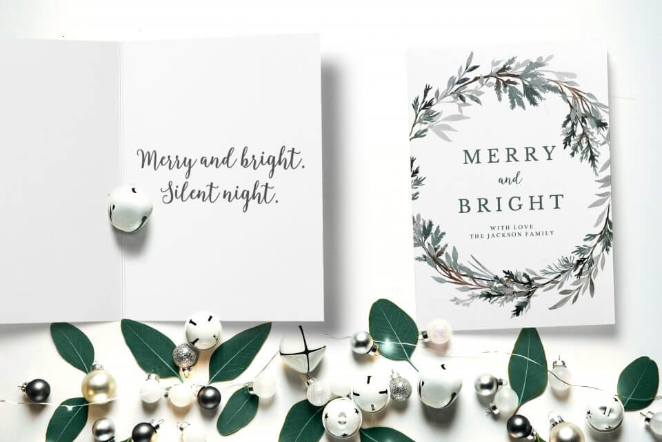 Merry & Bright wreath Christmas card