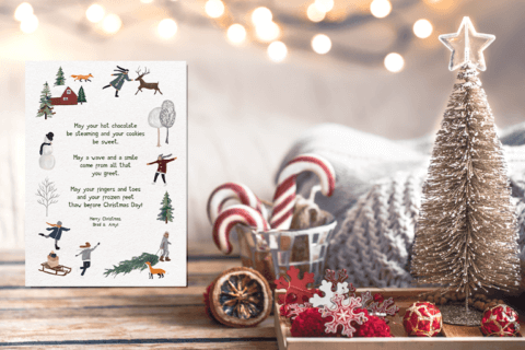 Wholesome Christmas Wishes: 'May your hot chocolate be steaming and your cookies be sweet. May a wave and a smile come from all that you greet. May your fingers and toes and your frozen feet stay warm before Christmas Day!' Background features a cozy Christmas setup with a small white tree, candy cane, and festive ornaments. (Cover for Blog Post: '100 Merry Christmas Wishes, Messages & Quotes')