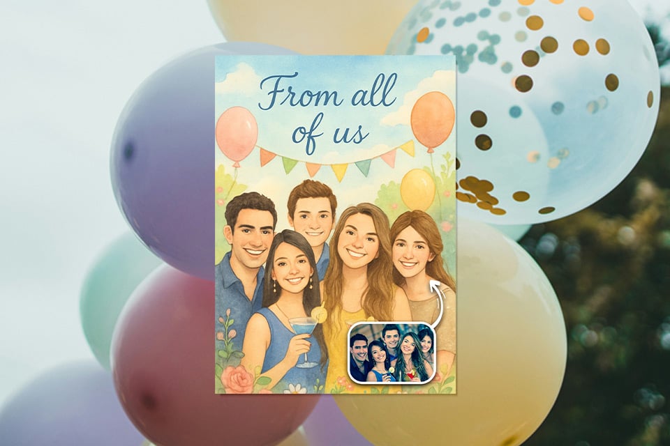 from-all-of-us-retirement-card-magic-photo Personalized retirement card featuring illustrated group portrait with balloons and “From all of us” message at celebration party.