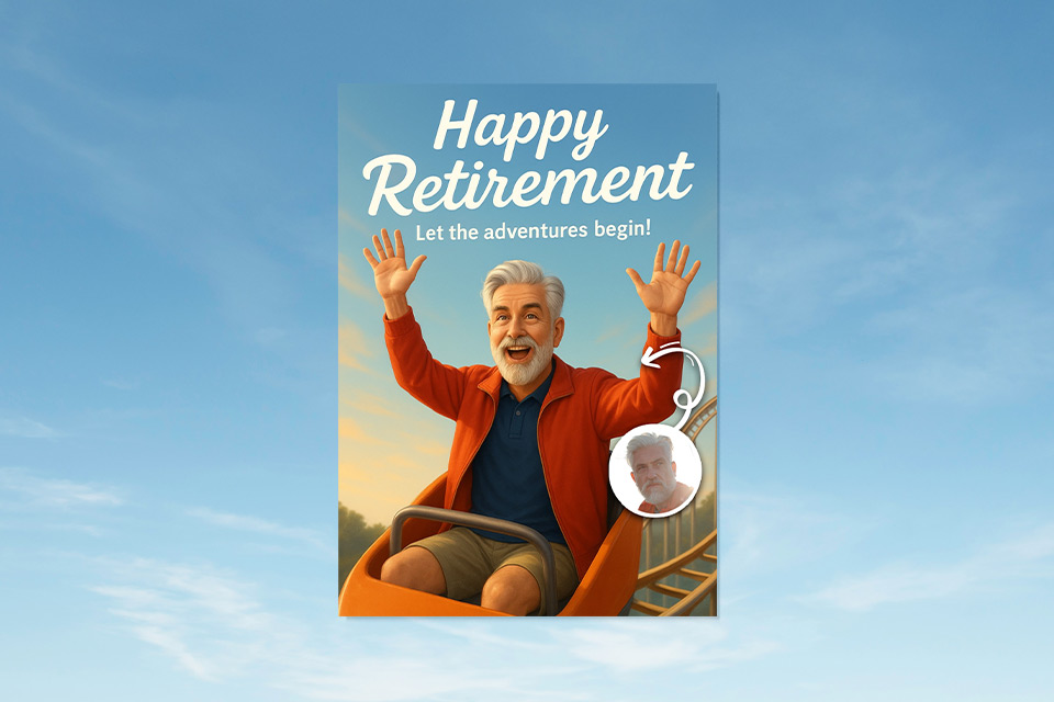 happy-retirement-card-roller-coaster-magic-photo-ai AI retirement card featuring smiling senior man riding roller coaster with personalized photo and “Happy Retirement” message.