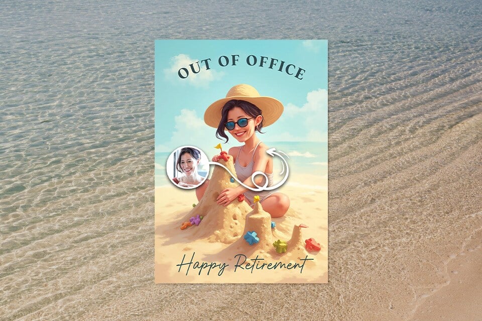happy-retirement-funny-beach-card-magic-photo (1) Funny retirement beach card featuring woman building sandcastle with personalized photo and “Out of Office Happy Retirement” message.