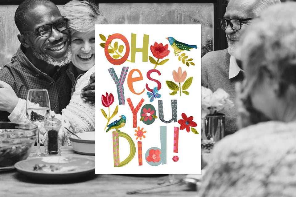 oh-yes-you-did-it-retirement-card Colorful retirement card with celebratory “Oh yes you did it!” message displayed in festive retirement party setting.