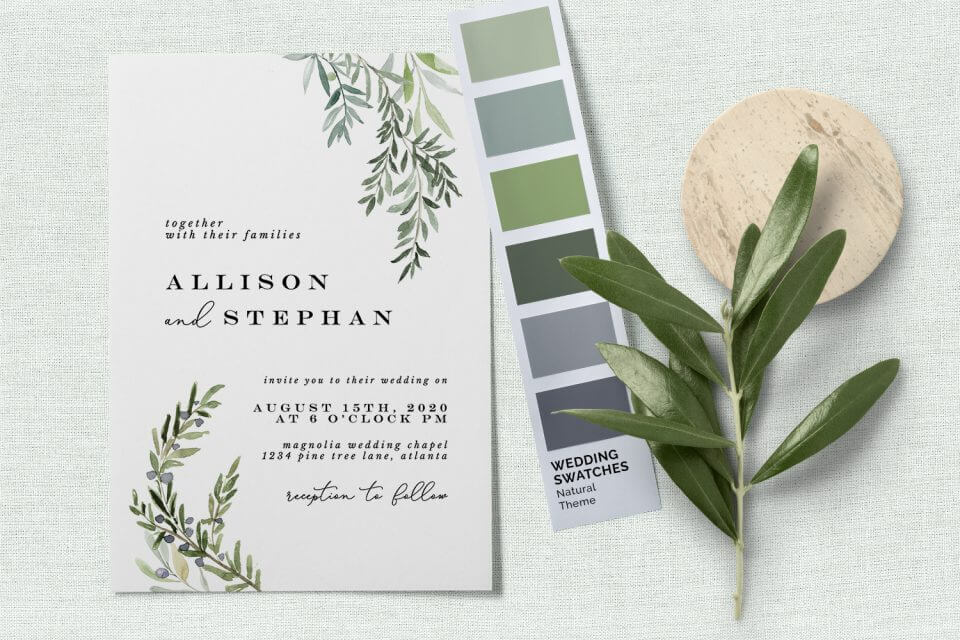 Gardens of Delphi wedding invitation featuring a minimalist design with two olive branches. Crisp white background, elegant black text. Positioned beside a color swatches banner and a graceful olive branch.