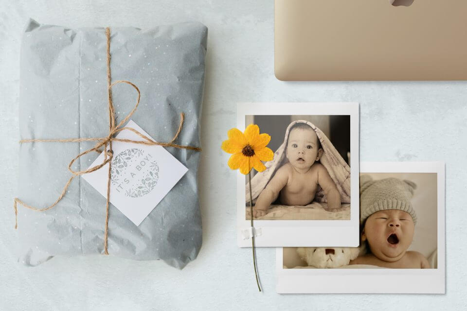 Curating a Virtual Baby Shower Extravaganza: Explore delightful game ideas with instant baby portraits, a beautifully wrapped gift, and a nearby laptop ready to connect loved ones in celebration.