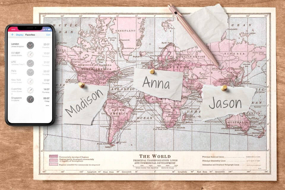 Ways to Express Love: Keeping Old Friends – A World Map with Post-It Notes Bearing the Names of Dear Friends, a Pen for Adding More, and a Smartphone to Stay Connected Across the Globe.