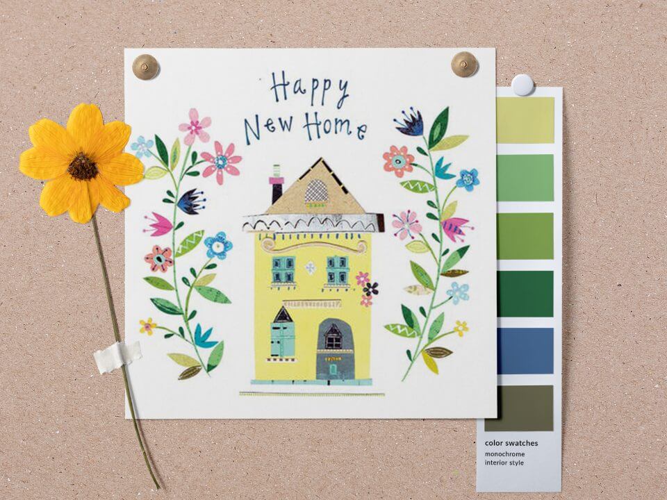 Cheerful Happy New Home & Housewarming Wishes & Quotes hand-drawn card, complemented by a nearby color palette, and featuring a delightful yellow flower for an extra touch of warmth and joy