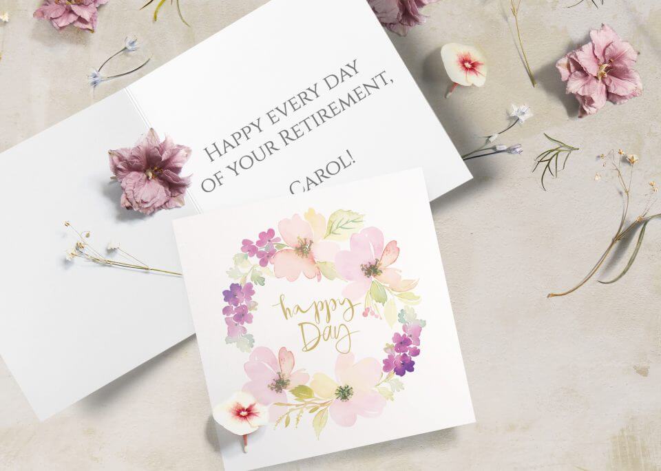 Floral Watercolor Happy Retirement Card with 'Happy Day' Text and Scattered Flowers – Celebrate Retirement Bliss!