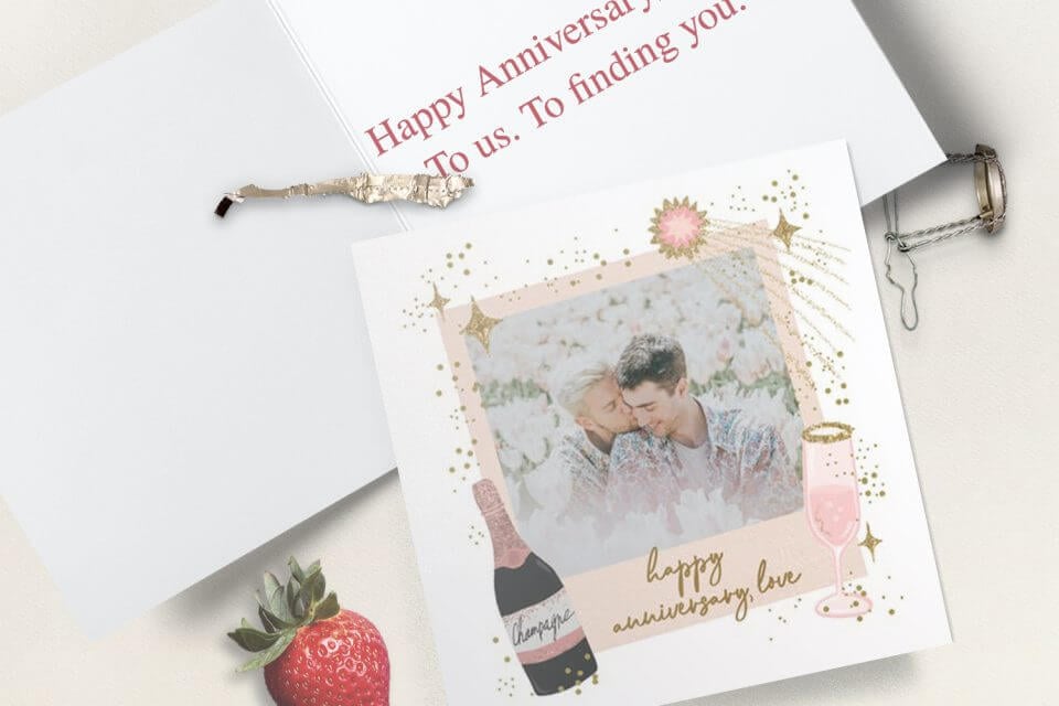 Wishes for a Happy Anniversary photo card gold champagne pink script