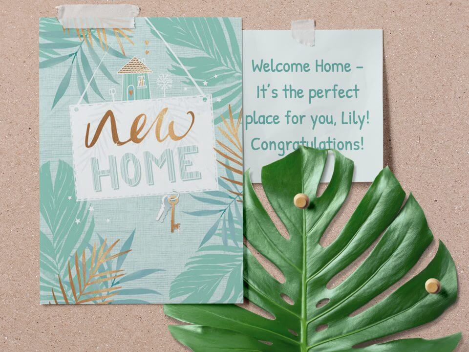 Elevate your home wishes with a vibrant 75+ Happy New Home & Housewarming Wishes & Quotes card, adorned with a tropical leaves design. The card elegantly incorporates the sentiment with the phrase 'New Home,' promising a touch of warmth and style.