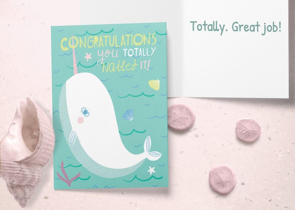 A Narwhal Congrats Card with an Enchanting Ocean Theme, Featuring a Whimsical Whale Illustration Set in an Underwater World – Sending Congratulations from Beneath the Sea.