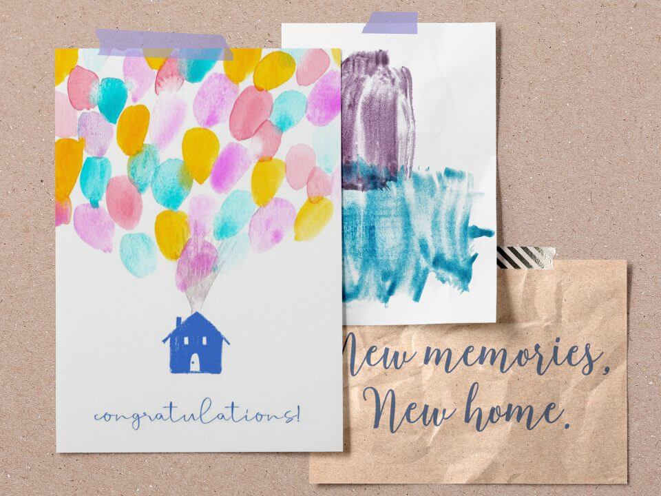Congratulations card featuring a charming home illustration adorned with lively, colorful balloons, symbolizing joy and celebration for a special achievement.