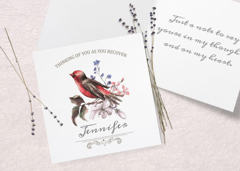 A 'Best Get Well Wishes & Quotes For A Speedy Recovery' greeting card, featuring a delicate watercolor illustration of a bird. The artwork on the card showcases soft, flowing colors