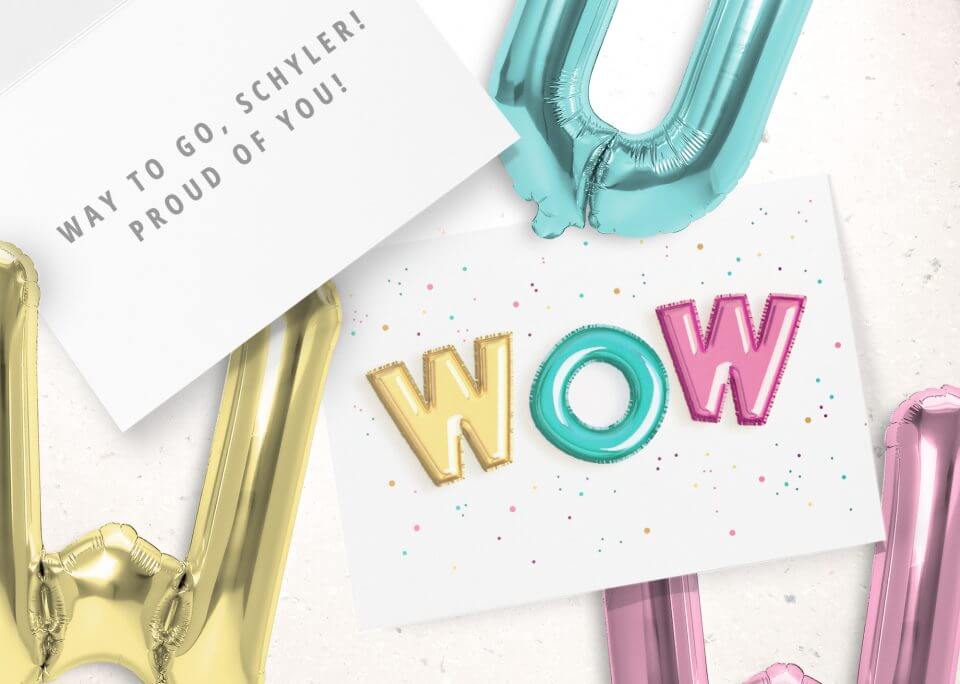 A 'Wow' Card from the Collection of 50 Congratulations Wishes & Quotes – Featuring Playful Balloon Letters in Yellow, Blue, and Pink, Adorned with Vibrant Dots for an Extra Pop of Celebration