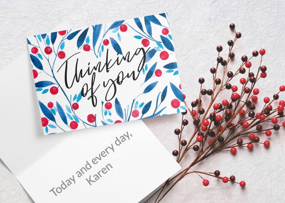 A 'Best Get Well Wishes & Quotes For A Speedy Recovery' greeting card adorned with a watercolor illustration of leaves and berries in shades of red and blue. The card features the text 'Thinking of You', artistically integrated into the serene and natural-themed illustration.