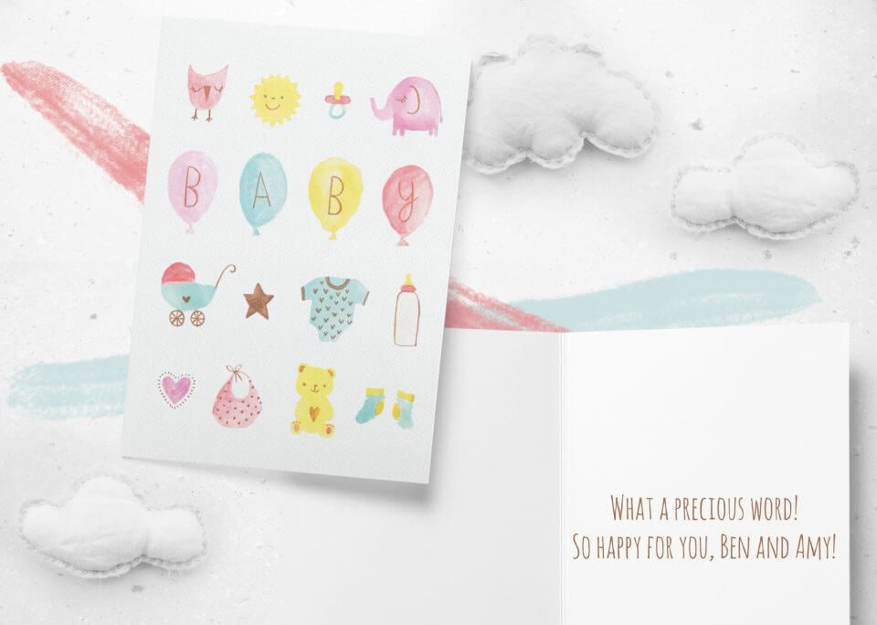 50 Congratulations Wishes & Quotes: Baby Watercolor Card – Adorned with Whimsical Drawings of Baby-Themed Elements, a Joyful Expression of Celebrations for a New Arrival