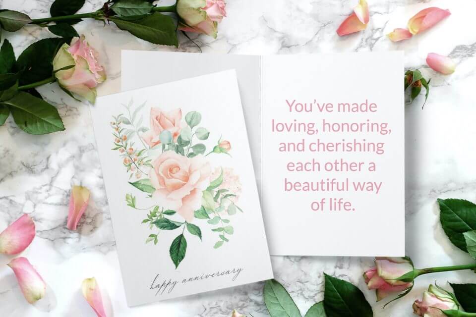 Wishes for a Happy Anniversary peach roses watercolor flower card