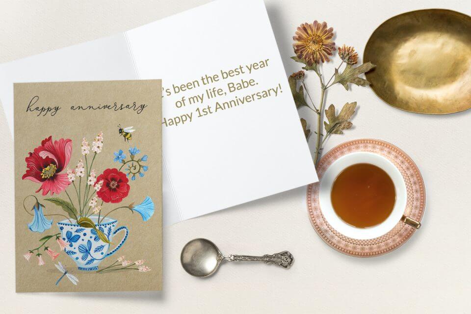Wishes for a Happy Anniversary brown paper flowers teacup card
