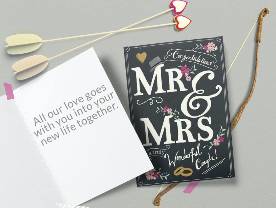 Mr. & Mrs. Wedding Wishes Card: Elegant black background, white text, flower and ring illustrations, all framed by a symbolic arch and heart-tipped arrows.