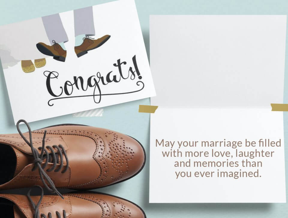 Bride and groom illustration on a congratulatory card. Open card with a brown quote on one side, and a pair of brown men's shoes nearby.