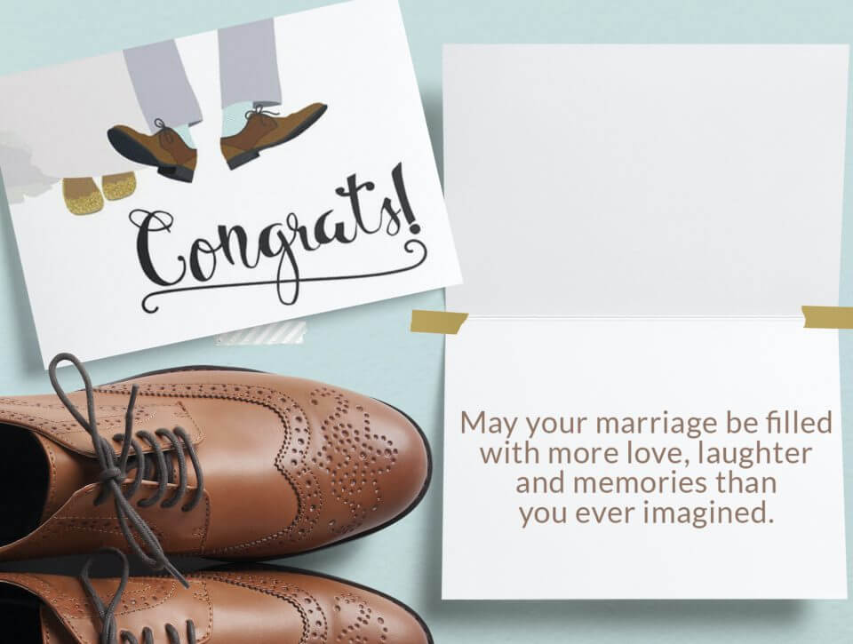 Bride and groom illustration on a congratulatory card. Open card with a brown quote on one side, and a pair of brown men