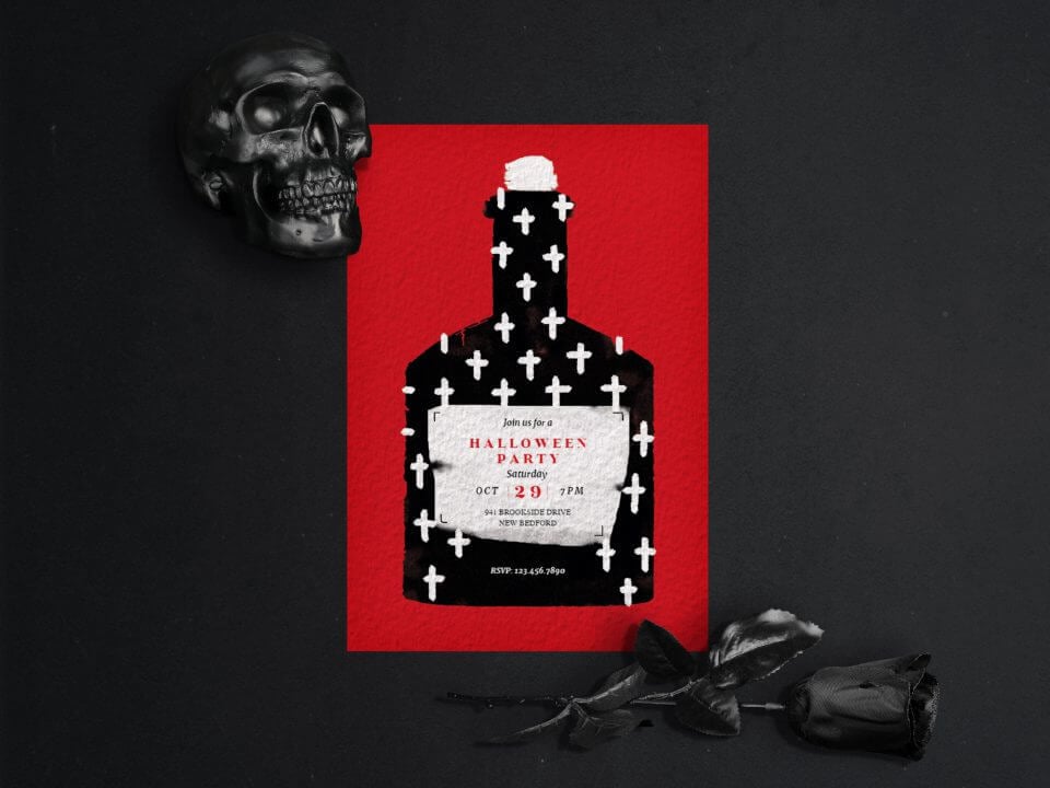 Invitation: 'Join us for a Halloween Party'. Red invitation with an illustration of a black bottle of whiskey with white crosses, set against a dark backdrop, accompanied by a black skull and rose.