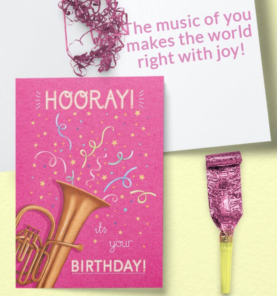 Joyous Birthday Celebration: 'Hooray, It's Your Birthday!' on a Vibrant Pink Background, Adorned with a Trumpet and Confetti Burst