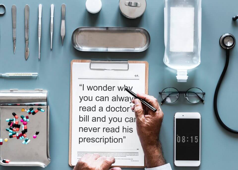 A 'Best Get Well Wishes & Quotes For A Speedy Recovery' card featuring a humorous quote by Finley Peter Dunne: 'I wonder why you can always read a doctor’s bill and you can never read his prescription.'