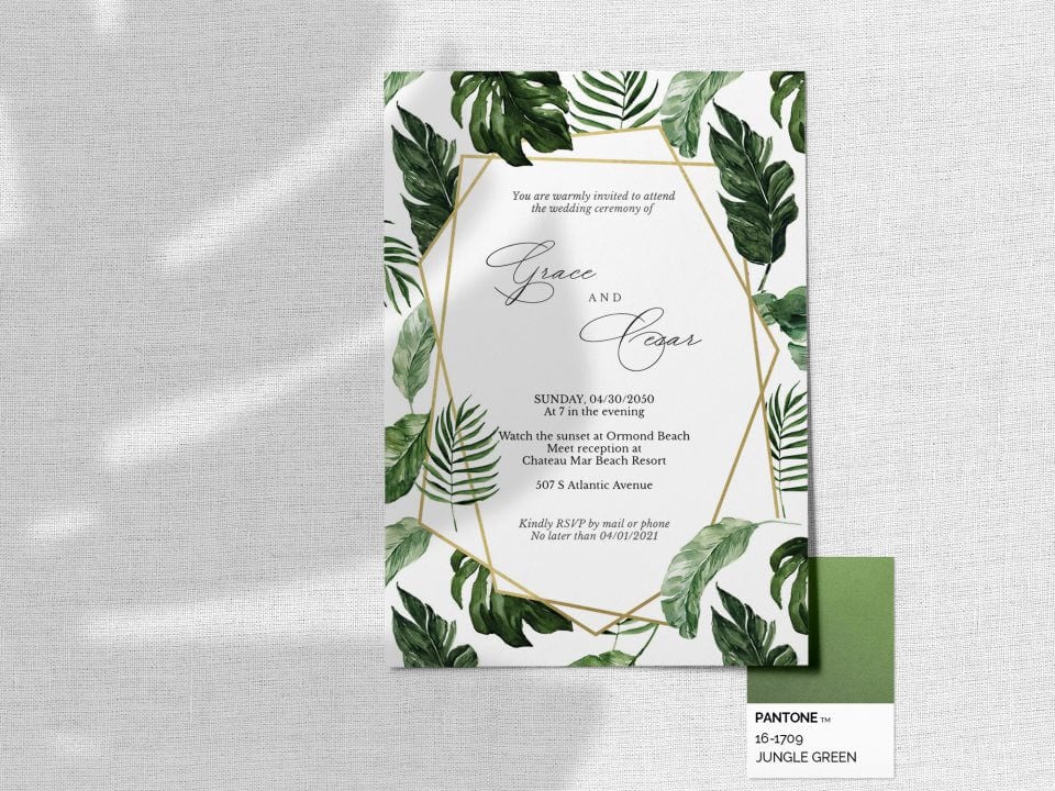 Tropical Leaves Wedding Invite: Geometric golden border, tropical leaves surround. Centered black text for an elegant touch.