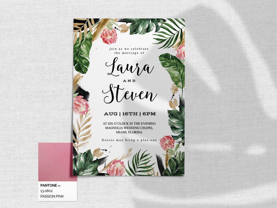 Painterly Tropical Wedding Invite: Floral and greenery border, centered black text for an artistic touch